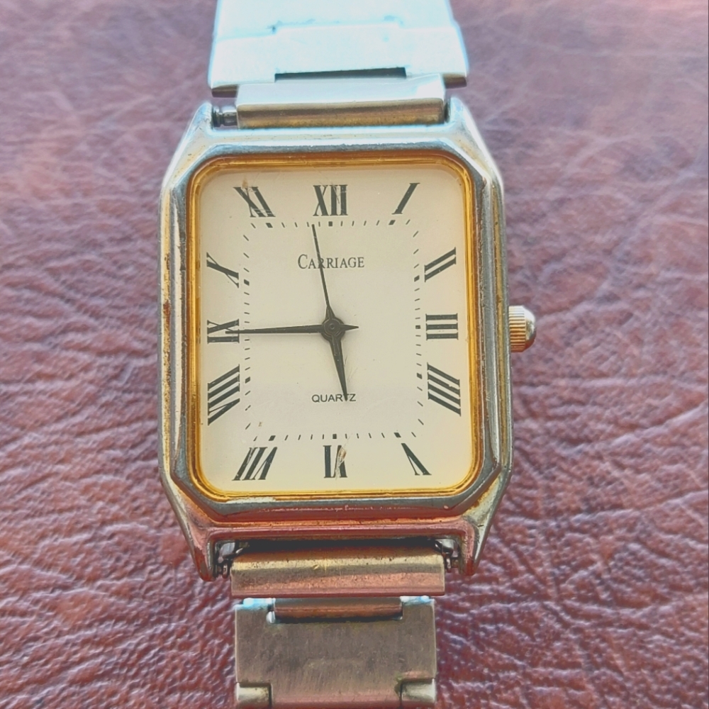 Vintage Timex Carriage Tank Style Silver Tone Watch Square Case, Roman Numerals